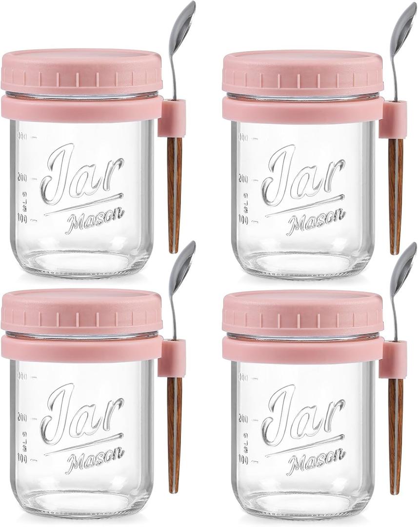 LANDNEOO 4 Pack Overnight Oats Containers with Lids and Spoons, 16 oz Glass Mason Jars with Airtight Lids, Overnight Oats Jars for Milk, Cereal, Fruit-Pink