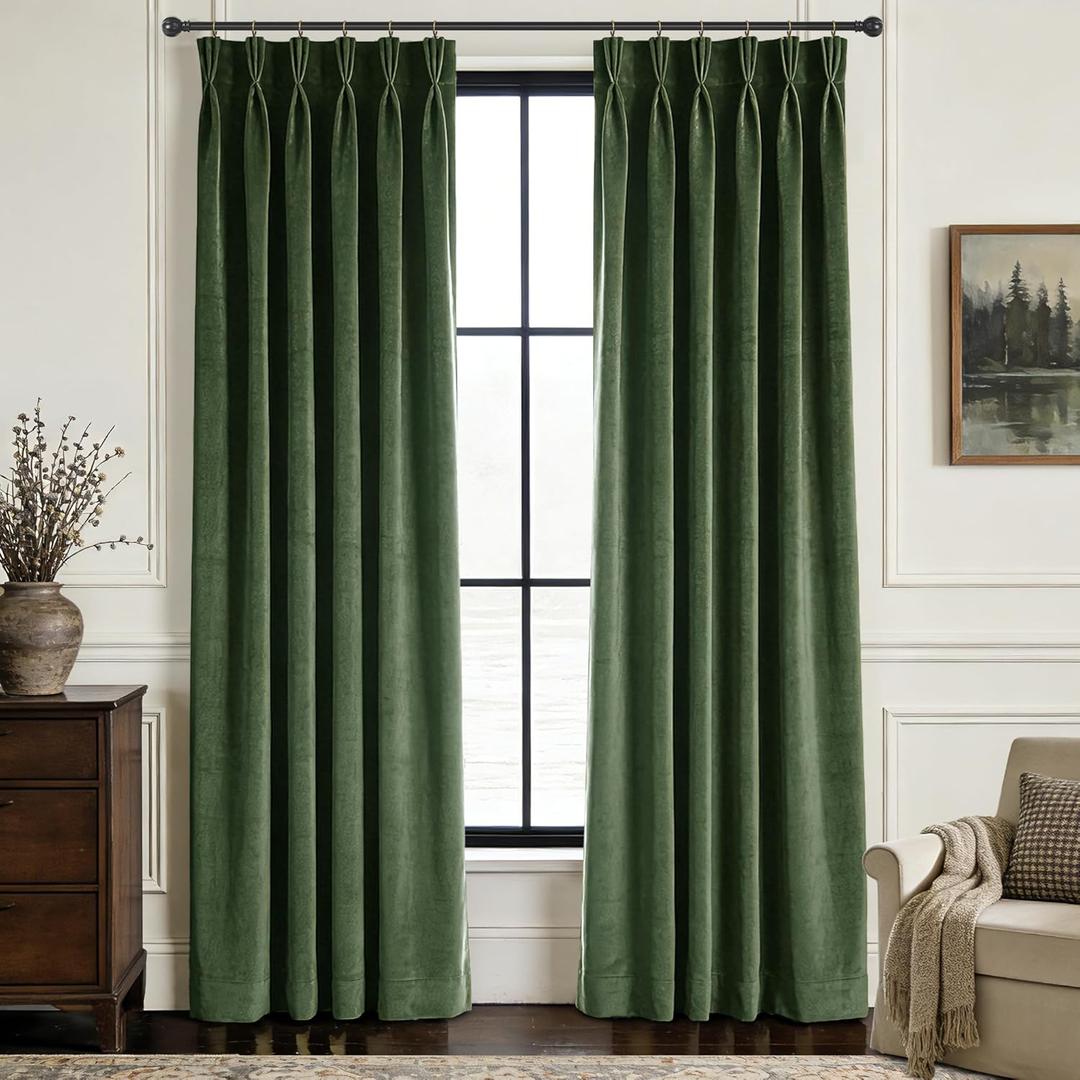 Olive Green Pleated Velvet Blackout Curtains 92 inches Long 2 Panels Set Thermal Insulated Triple Pinch Pleat Velvet Drapes Room Darkening Thick Luxury Modern Minimalism Forest Green Christmas Decor