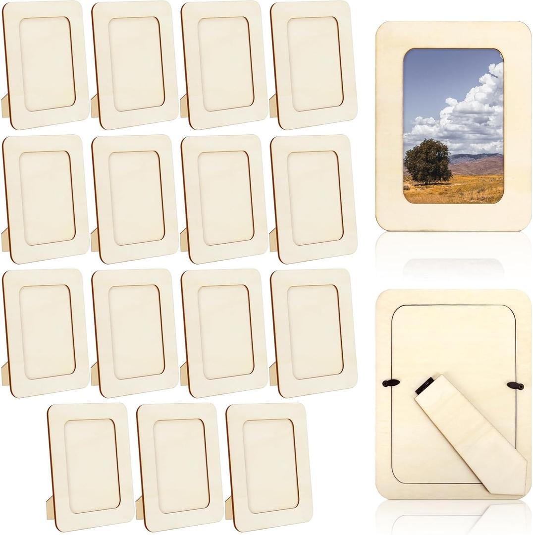 VOKOY 15 Pack Wooden Picture Frames for Crafts,DIY Wood Craft Picture Frames for 4" x 6" Photos,Unfinished Standing Photo Frames DIY Crafts Wood Decorate for Mother's Day Birthday Party Gifts