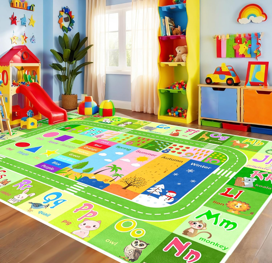 Alphabet Rugs for Kids Playroom - ABC Rug for Classroom with ABC Alphabet,Animals Colors,ABC Carpet for Children Playroom Cartoon Kids Play Mat for Bedroom Decor,Green,2.5x4 Feet