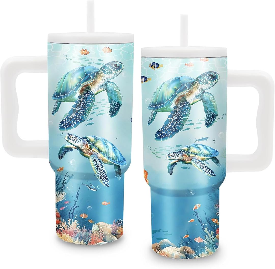 Sea Turtle Gifts - 24 oz Tumbler with Handle and Straw, Insulated Stainless Steel Cup, Leakproof, Blue Ocean Animal Lover Turtle Design Travel Mug for Women Fits Car Cup Holders, Keeps Drinks Cold/Hot