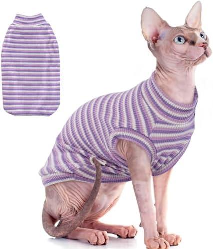 Sphynx Hairless Cat Shirt Rainbow Stripe Kitten T-Shirt With Sleeves, Turtleneck Stretchy Sweater, Pullover Pajamas Jumpsuit, Round Collar Vest for Sphynx, Devon, Cornish Cat Clothes