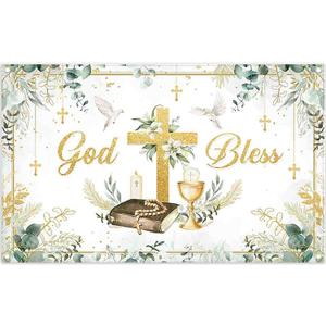 72x43inch Fabric Greenery God Bless Backdrop Gold Cross First Holy Communion Baptism Photography Background Newborn Party Baby Shower Decorations Photo Props