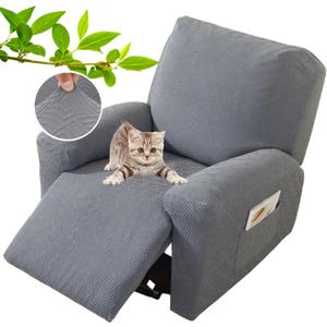 XINEAGE 4-Piece Recliner Cover Stretch Jacquard Slipcover with Pocket, Washable Recliner Chair Protector for Kids, Pets, Dogs, Cats (Light Gray)