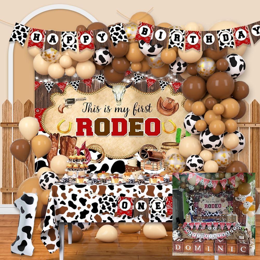 AIBIIN Western Cowboy 1st Birthday Party Decorations for Boys, Western Cowboy Balloon Arch Garland This Is My First Rodeo 1st Birthday Backdrop Cowboy Tablecloth (Brown)