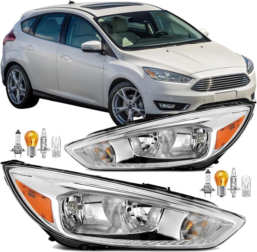 2PCS Headlight Assembly Set With Bulbs For 2015 2016 2017 2018 Ford Focus S SE ST SEL Titanium Replacement Focus MK3 Facelift Halogen Pair Headlamps Chrome Housing Amber Reflector FO2502339 FO2503339