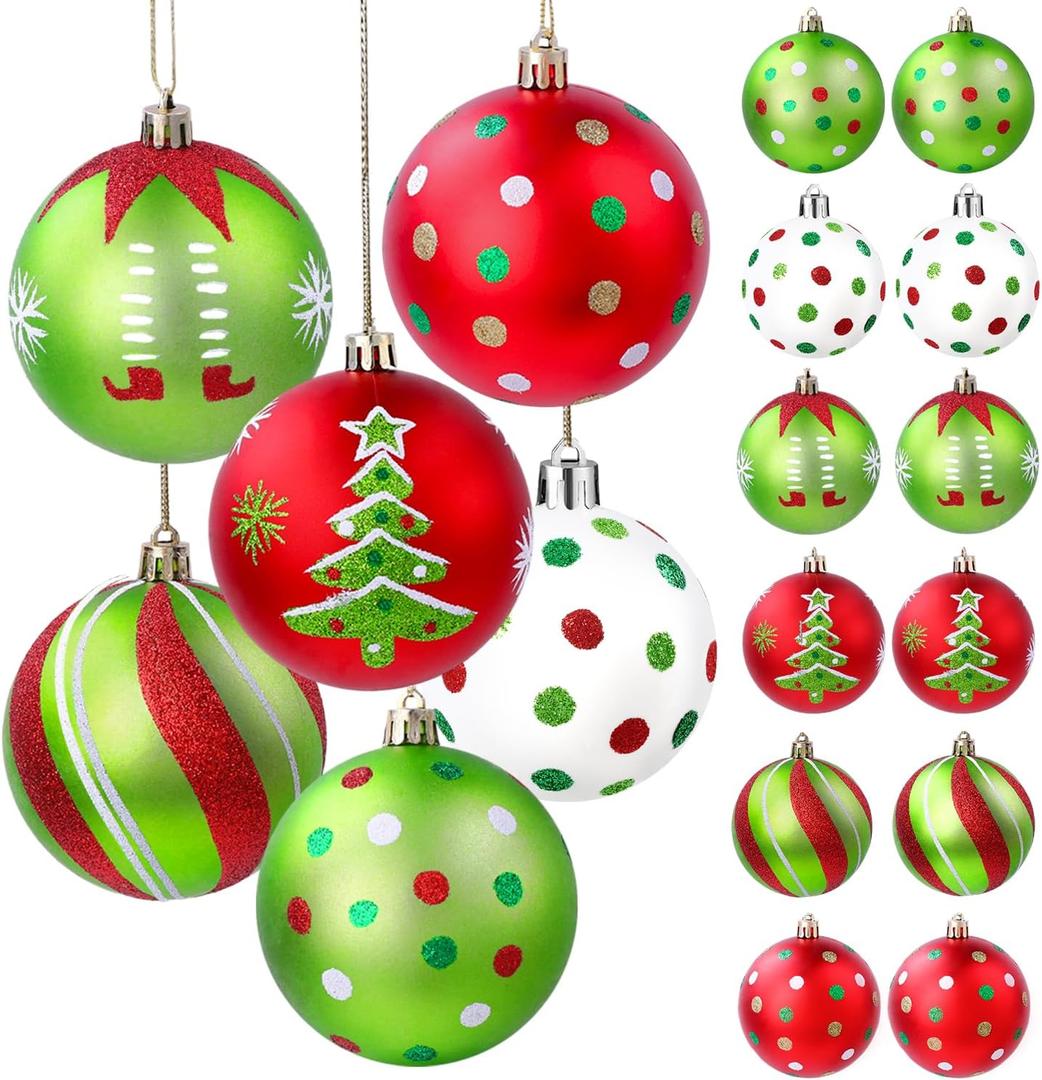 Celltestria 18pcs Christmas Balls Ornament 2.4 Inch Red Green Glittering Hanging Christmas Balls for Tree Swirl Candy Cane Polka Dots Christmas Tree Baubles for Home Indoor Holiday Party Decor