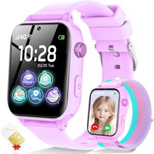 4G Kids Smart Watch for Boys Girls, Kid Watch Phone Ages 4-12 with Call, GPS, SOS, Video Call, Games, Camera, Alarm, Touchscreen Smartwatch for Children Birthday Gift (Includes SIM Card), Violet
