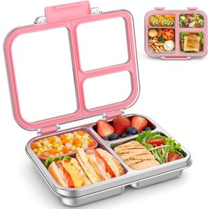Stainless Steel Bento Lunch Box for Kids Adults, 3 Compartments Metal Bento Box with Transparent Lid & Silicone Container for Kids,Dishwasher-Safe,School & Travel,BPA-Free(Pink)