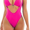 Viottiset Women's Halter 2 Piece Swimsuit Brazilian High Cut Bikini Set Sexy Push Up (Pink, L)