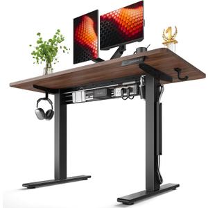 FEZIBO Electric Standing Desk with L-Shaped Crossbar & Cable Management System, 48 x 24 Inches Sit Stand up Desk, Adjustable Height Standing Desk for Home Office, Black Walnut