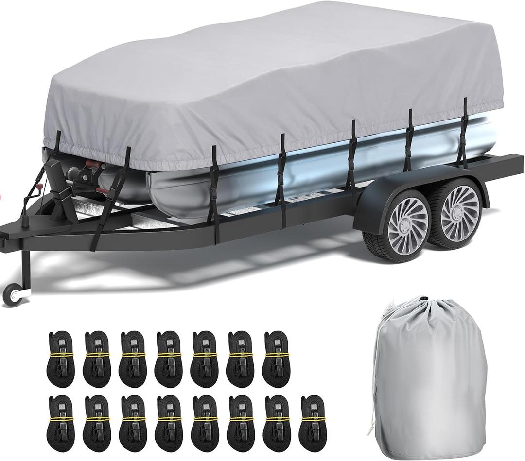 1200D Pontoon Boat Cover, Heavy Duty Marine Grade Waterproof Deck Boat Cover, 21-24 ft Boat Cover for Pontoon with 15 Windproof Straps, Gray