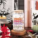 Whaline 2 Pack Groovy Halloween Drinking Glasses 16oz Spooky Ghost Pumpkin Flower Glass Cup Orange Pink Purple Iced Coffee Cup with Lid Straw for Cocktail Whiskey Beer Soda