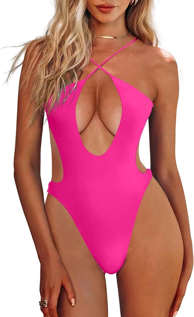 HYPERFIRE Women's Sexy Criss Cross Halter Bathing Suit Cut Out Backless Monokini Swimsuits One Piece (Hot Pink)