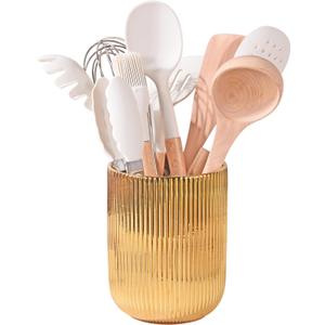Utensil Holder, Ceramic Kitchen Gold Utensil Holder for Countertop,Cooking Utensil Crocks for Kitchen Counter 5.1 W x 6.6 H inchesstripes