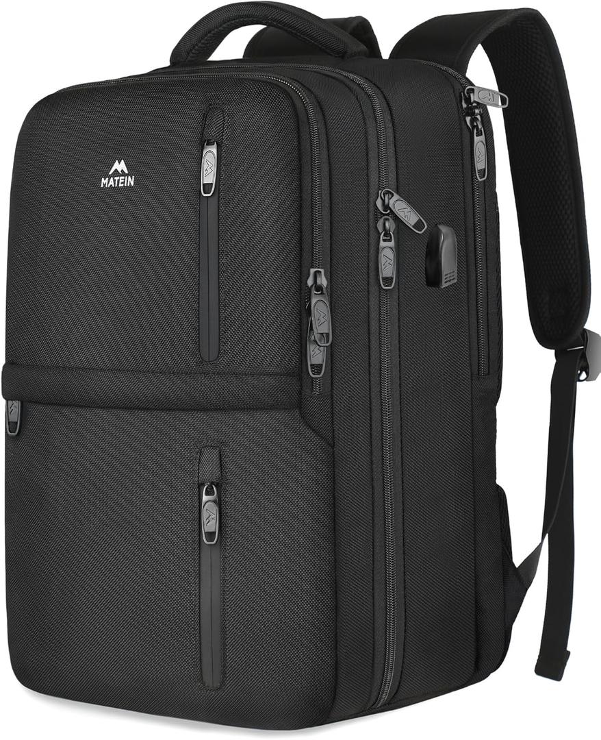 MATEIN Travel Laptop Backpack, Flight Approved Carry on Backpack with USB Port & Shoe Compartment, Large Personal Item Bag Fits 15.6 inch Laptop, Water Resistant Luggage Overnight Weekender Bag, Black