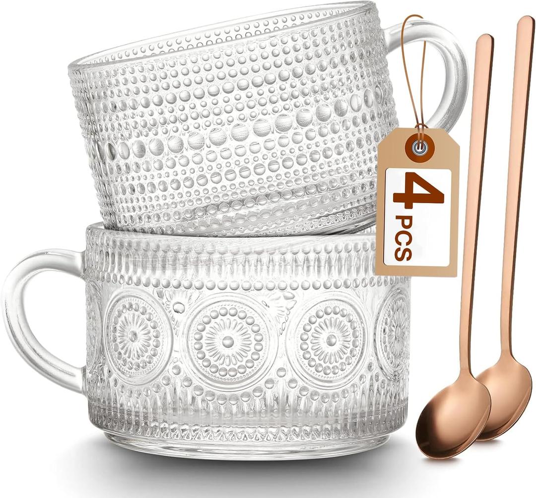 Mfacoy Vintage Coffee Mugs Set of 2, 14 oz Embossed Glass Cups with Handle, Clear Cups for Cappuccino, Latte, Cereal, Yogurt, Milk, Hot or Cold Beverages (Translucent)
