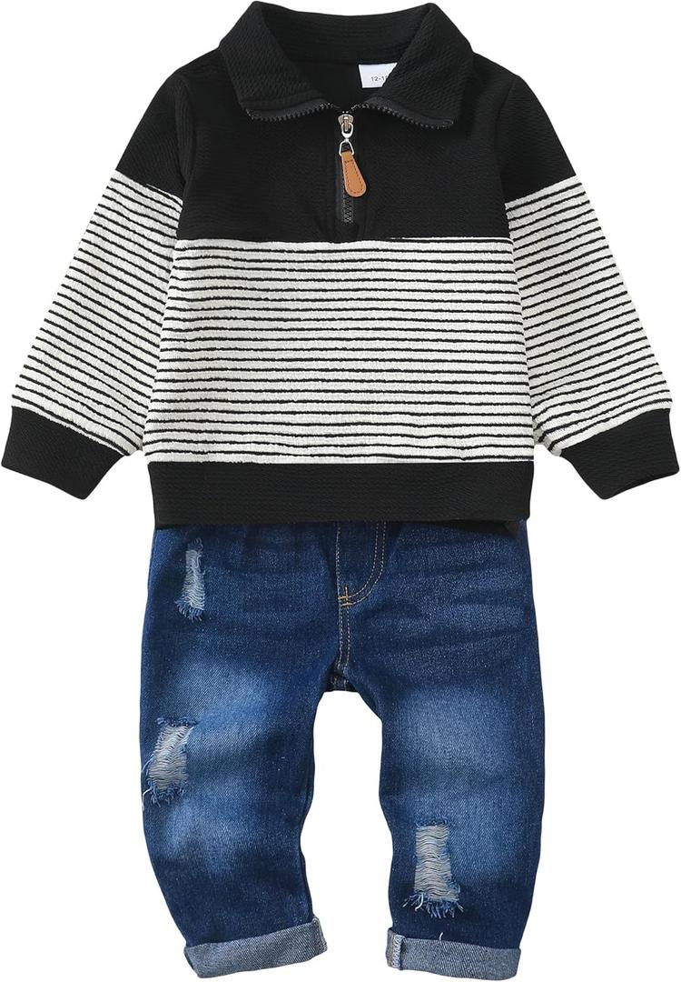 Baby Toddler Boy Clothes Fall Winter Boys Outfits Quarter Zip Pullover Sweatshirt Jeans Denim Pants Sweatsuit Set (Black)