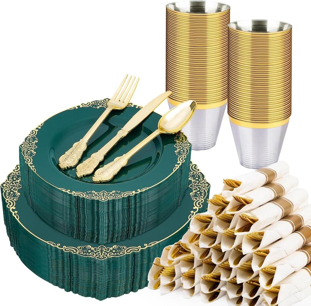 Realluck 350 PCS Green and Gold Plastic Plates, Plastic Dinnerware Set for 50 Guests, 100 Disposable Plates, 150 Silverwares, 50 Cups, 50 Napkins for Party, Wedding, Graduation