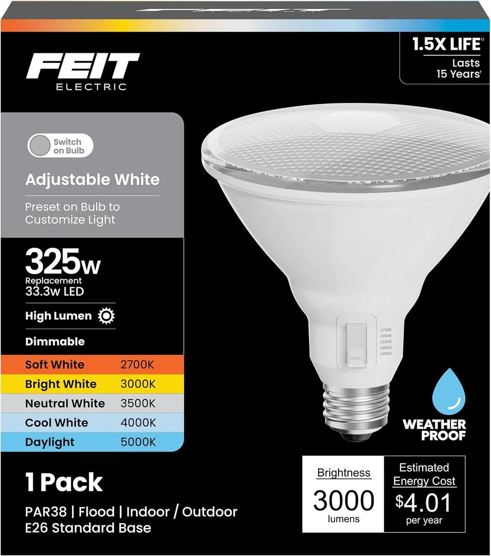 Feit Electric PAR38 LED Reflector Light Bulb, 325W Equivalent, 5 Color Temperatures (Soft to Daylight), Dimmable, 3000 Lumens, Outdoor/Indoor Bulb for Security & Accent Lighting, PAR38325DM5CCT