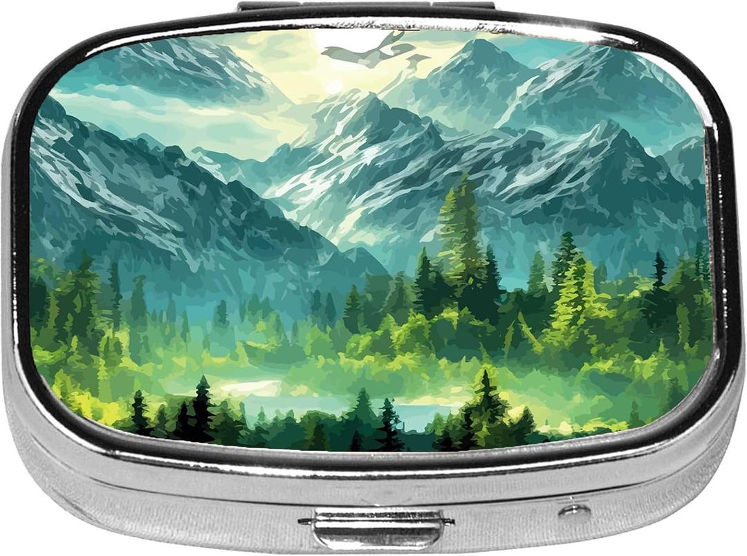 2 x Square Pill Case Small Pill Box with Mirror Pocket 2 Compartment Vitamin Pill Medicine Case Organizer Pill Containers for Traveling Coniferous Forest Mountain Range