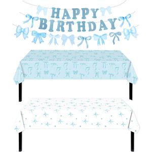 Blue Bow Birthday Decorations and 2 Bow Tablecloths Pre-strung Happy Birthday Banner Cute Theme Blue Bows Party Decoration Suitable for Women, Girls