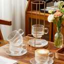 5.4 oz Espresso Cups Set of 4,Clear Glass Coffee Cups with Saucers Spoons and Cup holder,Stackable Small Cup for Espresso,Latte,Cappuccino,Tea