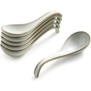 Gomakren Soup Spoons Set of 6, Asian Soup Spoons 6.5 Inch Ramen Spoons, Ceramic Chinese Spoon Set for Soup, Cereal, Pho, Noodles, Dumpling, Miso, Wonton, Dishwasher Safe, Creamy White