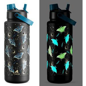 POWCAN 40 oz Insulated Water Bottle with 2-in-1 Straw and Spout Lid, Glow-in-the-Dark, 24H Cold, Leakproof, BPA-Free, Double Wall Stainless Steel for Sports, Gym, Travel, and School (Gilded Flutter)