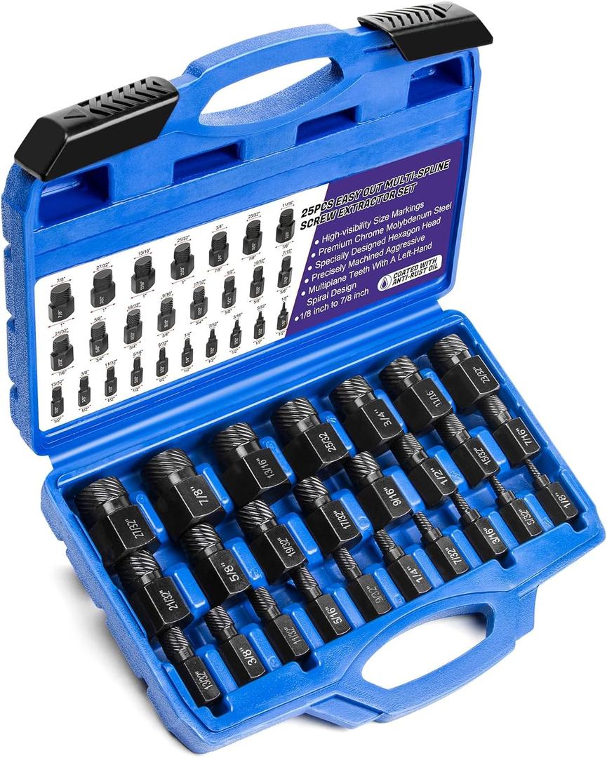 LLNDEI Screw Extractor Set Hex Head Multi-Spline Easy Out Bolt Extractor Set, EZ Out Rounded Screw Remover, 1/8 Inch to 7/8 Inch in 1/32-Inch Increments, CR-MO, 25 Pieces, Stripped Fastener Tool