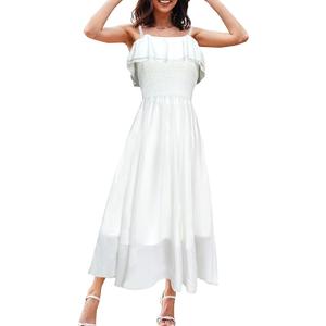 Women's Summer Dresses 2025 Sundress Spaghetti Strap Smocked Ruffle Beach Long Dress Boho Floral Maxi Dresses M