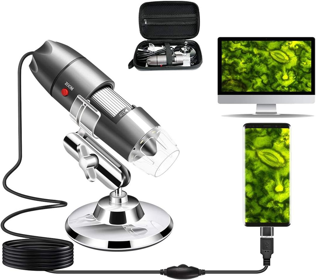 USB Microscope Camera with Stand & Carrying Case, Cainda Digital Microscope Compatible with Android Windows Linux Mac, Portable Magnifier Camera for Kids Students Adults(Not for iPhone/iPad) (Gray)