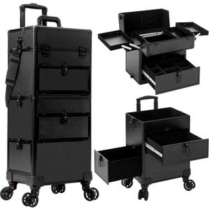AROUS Rolling Makeup Case with 3 Drawers, Cosmetology Case on Wheels 5 IN 1 Makeup Train Case Make Up Organizer for Artist Salon Nail Teach Trunk,Black