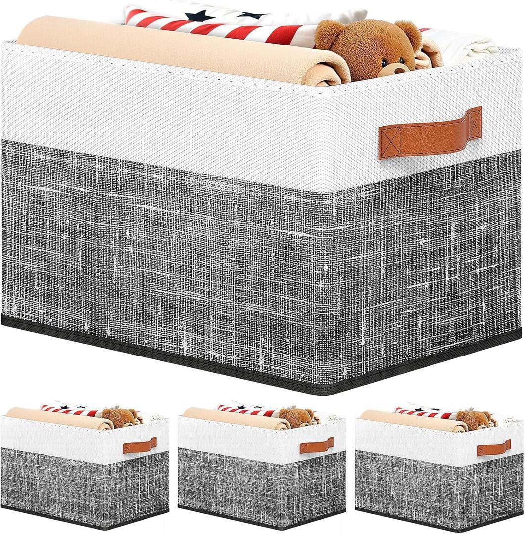 Fab totes Collapsible Storage Baskets for Shelves,14"x10", 4 Pack Foldable Fabric Storage Bins with Double Leather Handles, Large Baskets for Organizing Books, Clothes, White & Black