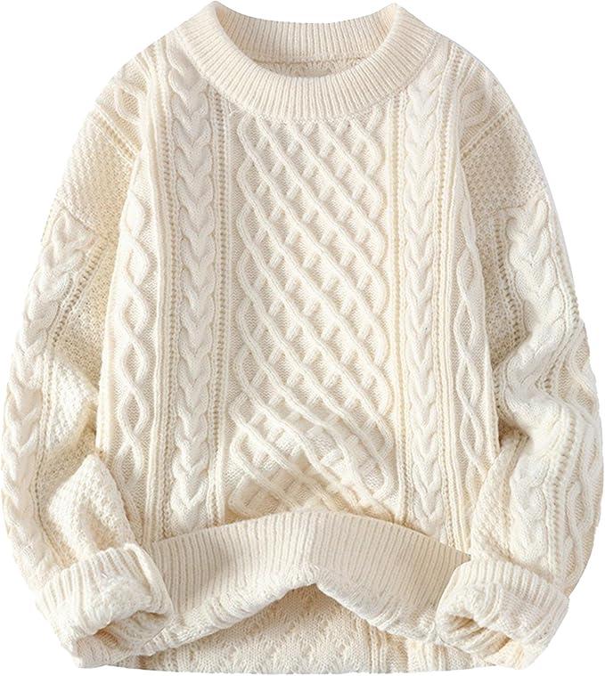 Men's Plush Cable Knited Pullover Sweater Relaxed Long Sleeve Sweater Casual Knit Chunky Sweater Tops, Size L