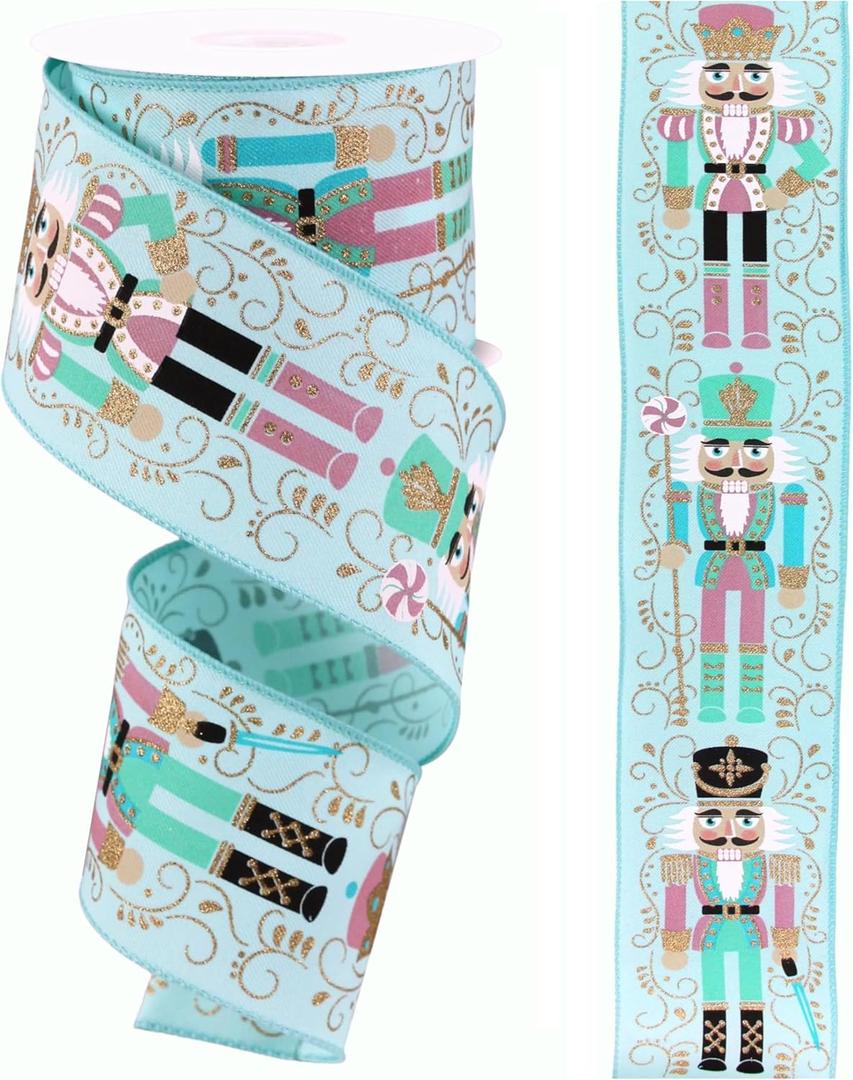 RG Ribbon 2.5" Pastel Nutcrackers with Wired Edges for Christmas Bows, Wreaths, Gift Wrap, Crafts, and Decorations (Light Blue, Pink, Multi, 2.5" x 10 Yards)