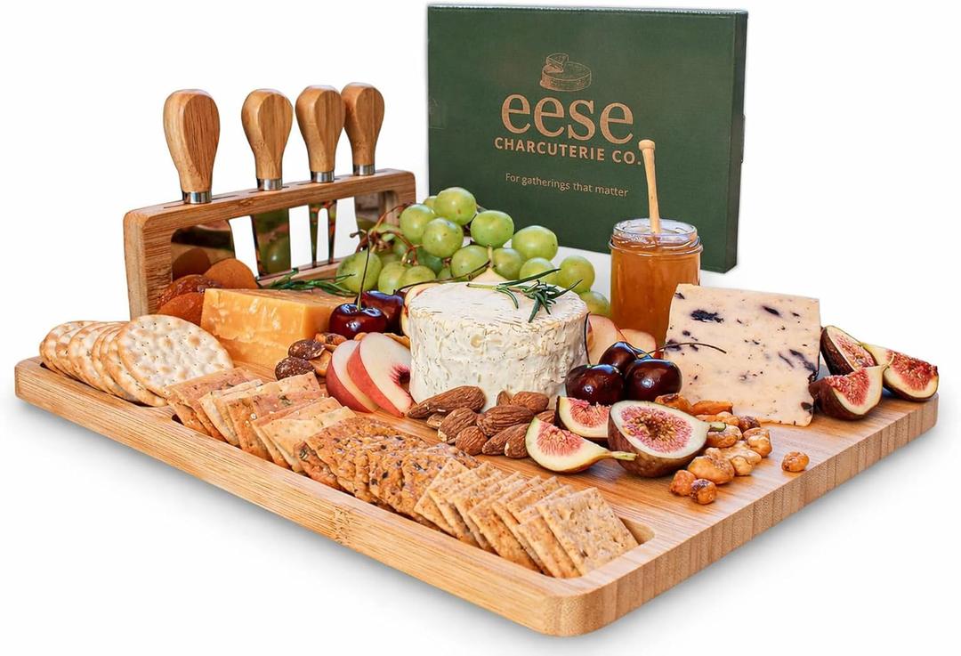 Eese Charcuterie Board Set- Bamboo Charcuterie Boards 14x11 Inch Serving Tray with Cheese Knife Set, Deep Groove Cheese Board & Utensil Holder, Cheese Tray Gift for Entertaining, Wine Nights & Parties