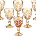 Vintage Wine Glasses Set of 6, 10 Ounce Colored Glass Water Goblets, Unique Embossed Pattern High Clear Stemmed Glassware Wedding Party Bar Glass Drinking Cups Diamond Amber