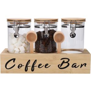 54 oz Glass Coffee Bean Storage Container with Shelf 3PCS Glass Containers with Airtight Locking Clamp Lid Spoons Coffee Canister Set Jars for Kitchen Food Storage Tea Sugar Wood