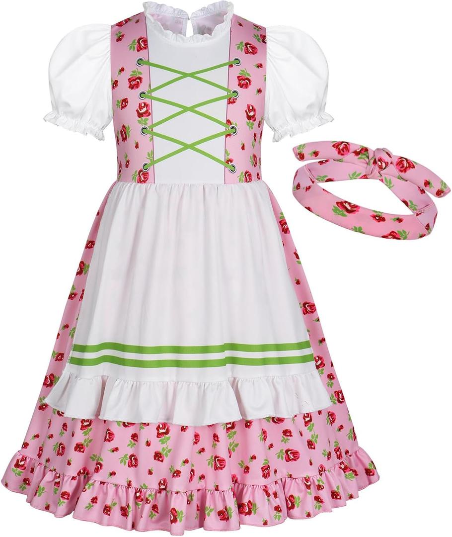 WonderBabe Girls Pioneer Dress Colonial Dress Girls Prairie Costume Kids Halloween Party Dress up Outfits (9-10 Years, Pink)
