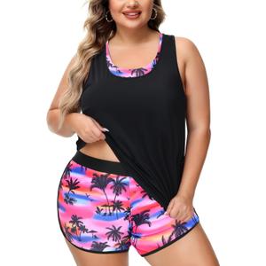 NIeyook Women Plus Size 3 Piece Tankini Swimsuits Athletic Bathing Suits with Boy Shorts Tank Top with Sports Bra (16  Plus, Pink Coconut Tree)