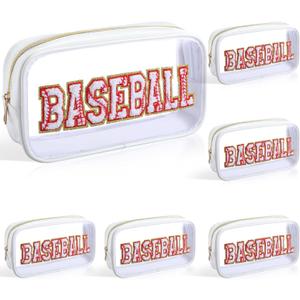 Reallnaive 6 Pcs Baseball Gifts Clear Cosmetic Makeup Bag with Chenille Letter Patch Sport Goodie Clear PVC Pouch Organizer Waterproof Travel Toiletry Bags for Sports Theme Birthday Party Supplies