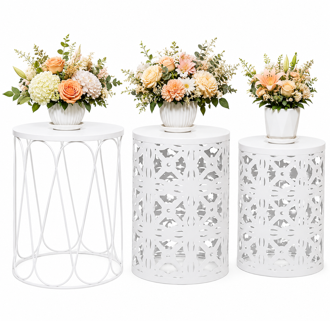 HFHOME Set of 3 Metal Outdoor Side Table, Nesting Round Coffee Table for Indoor Outdoor, Heavy Duty End Tables Plant Stand Living Room Garden Stool - white