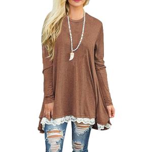 Women Crew Neck Lace Splicing Swing Dress Fall Winter Long Sleeve Tunic Top (S)
