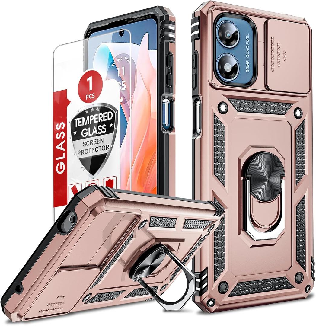 LeYi for Motorola G Play 2024 Case, Moto G Play Phone Case 2024 4G with Slide Camera Cover and Screen Protector, [Military-Grade] Hard Case with Magnetic Stand for Moto G Play 4G, Rose Gold