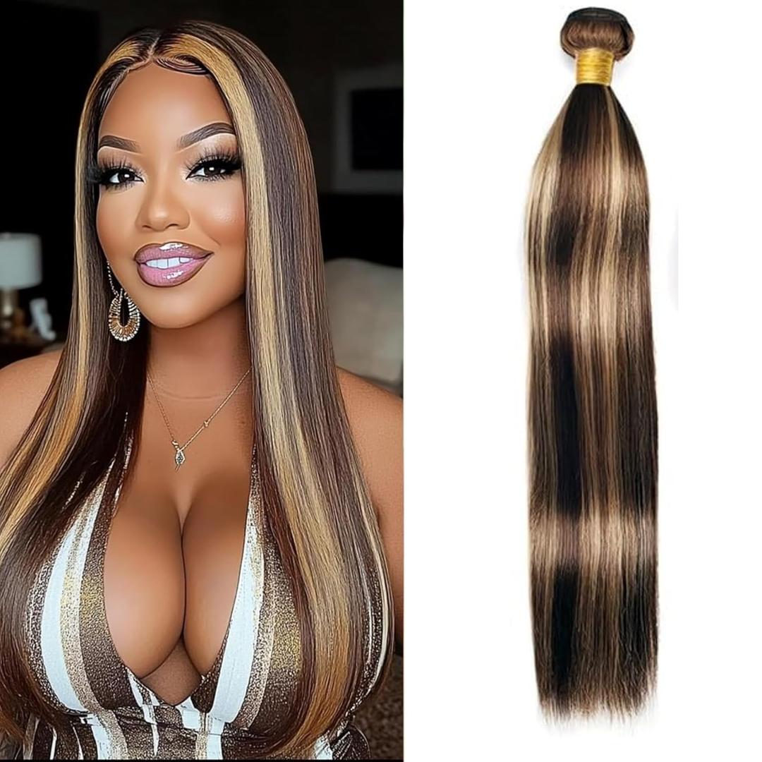 16 Inch Straight Wave Human Hair Single Bundle P4/27 Weave One Bundle Human Hair Unprocessed Brazilian Virgin Quick Weave Hair Extension for Black Women