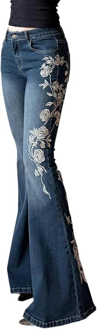 Women Bell Bottom Jeans Stretchy Flare Mid Rise Embroidery Vintage Denim Pants 90s Outfits Y2k Clothes (Size 10, Blue)