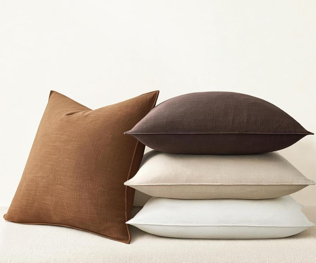 Brown Pillow Covers Pack of 4 Decorative Solid Fall Linen Throw Pillow Covers Soft Accent Boho Farmhouse Couch Pillowcases Modern Home Decor for Living Room Bed Sofa 18x18 Inch