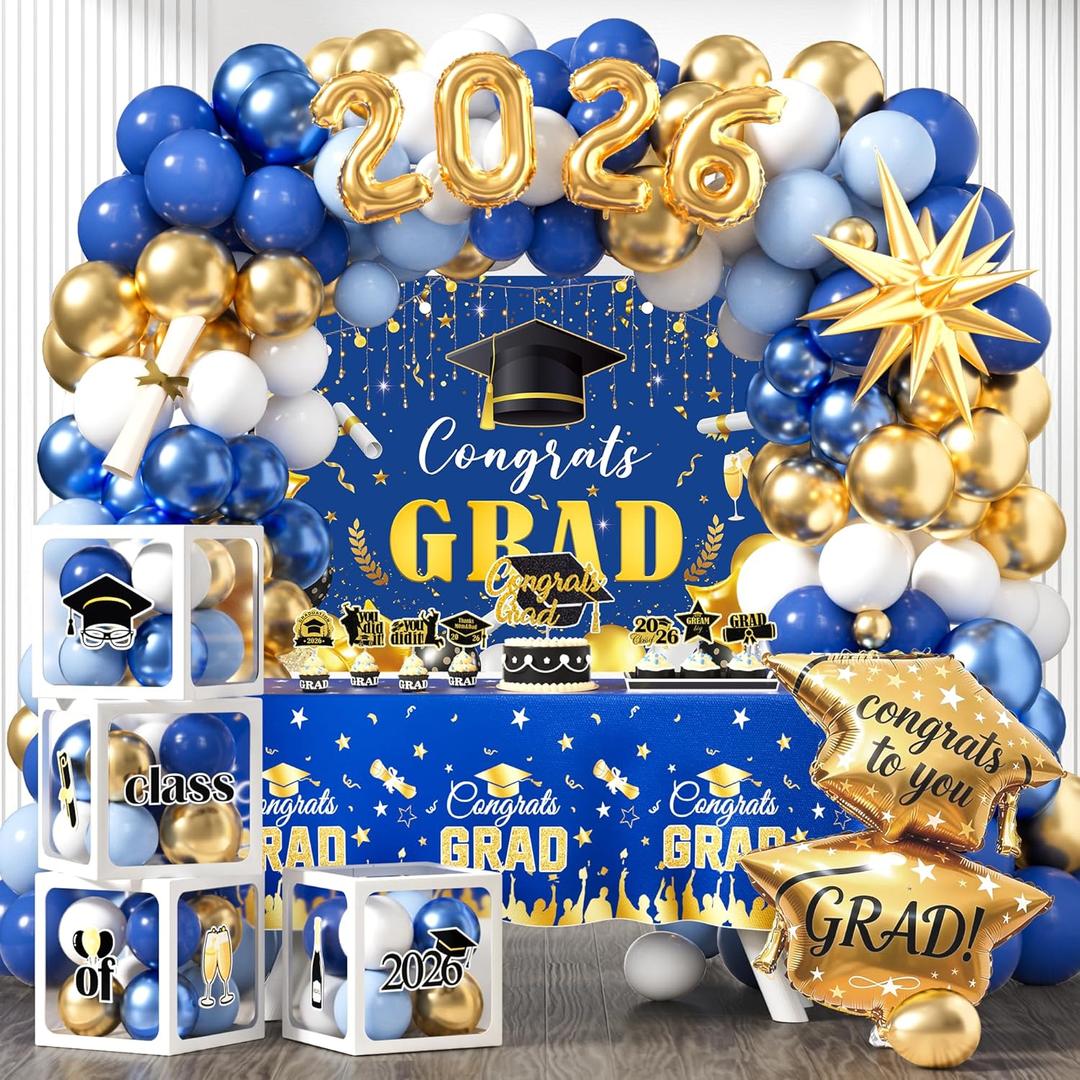 Graduation Party Decorations 2026 Kit, Congrats Grad Class Of 2026 Supplies Set, 2026 High School College Graduation Decorations, Graduate Backdrop Tablecloth Balloon Garland Boxes (Blue)