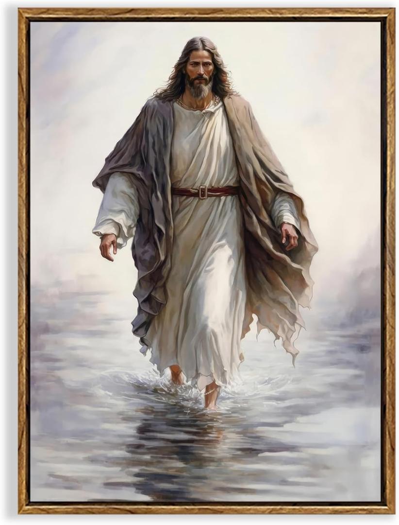 Fantasy Artists Framed Jesus Christ Wall Art Jesus Walking On Water Canvas Wall Decor Christian Painting Prints Biblical Religious Room Decor for Church Prayer Room Christian School Hospital 16" x 24"